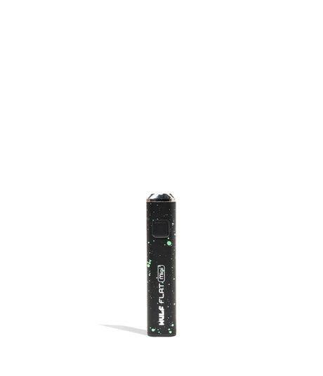 Front view of the Wulf Flat Mini cartridge vaporizer battery in black green splatter. This ultra-compact oil battery offers fully adjustable variable voltage settings to completely customize your daily vapor production.