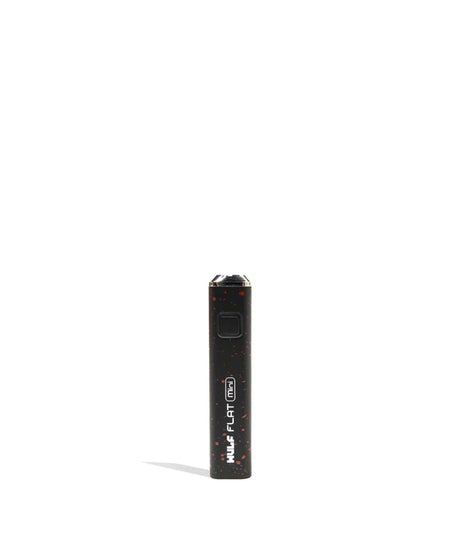 Front view of the Wulf Flat Mini cartridge vaporizer battery in black red splatter. The single-button interface controls a 10-second preheat setting to effortlessly clear out and prime thicker oil cartridges.