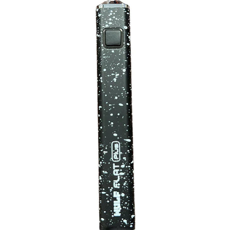 Front view of the Wulf Flat Plus cartridge vaporizer battery in black white spatter. The unique flat-sided structural body prevents the oil pen battery from accidentally rolling off flat surfaces and counters.
