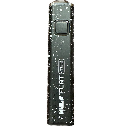 Front view of the Wulf Flat Mini cartridge vaporizer battery in black white splatter. The pocket-friendly, flat-edged body prevents the oil vape battery from rolling off flat tabletops or counters.