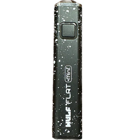 Front view of the Wulf Flat Mini cartridge vaporizer battery in black white splatter. The pocket-friendly, flat-edged body prevents the oil vape battery from rolling off flat tabletops or counters.