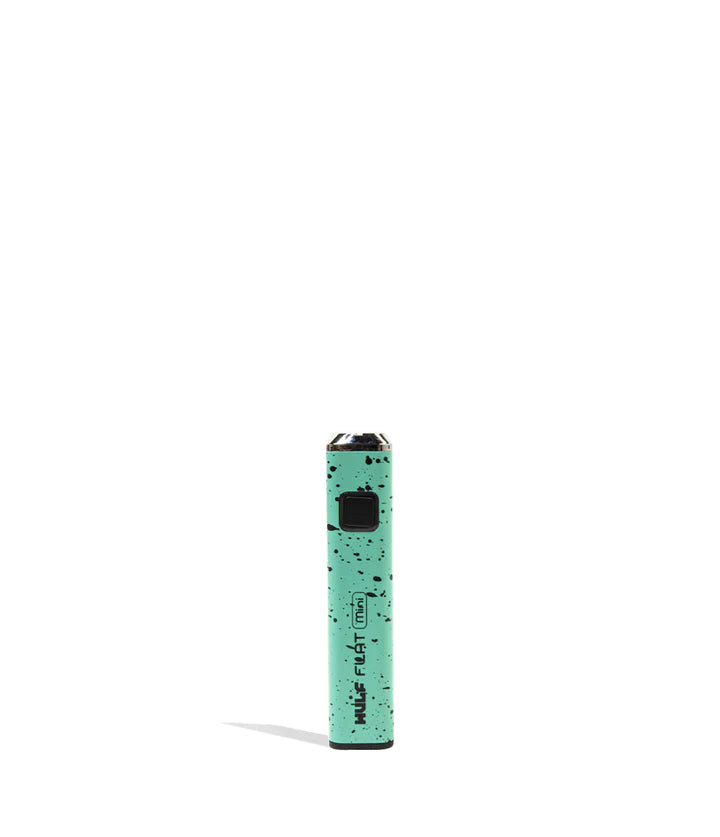 Front view of the Wulf Flat Mini cartridge vaporizer battery in mint black splatter. This mini pen battery features an integrated 15-second safety cut-off mode to protect your cartridge atomizer from overheating.