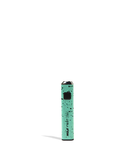 Front view of the Wulf Flat Mini cartridge vaporizer battery in mint black splatter. This mini pen battery features an integrated 15-second safety cut-off mode to protect your cartridge atomizer from overheating.