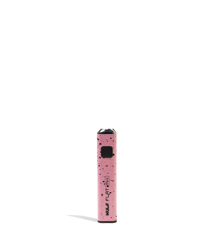 Front view of the Wulf Flat Mini cartridge vaporizer battery in pink black splatter. Driven by a robust 400mAh battery cell, this device delivers reliable power output to sustain multi-day vaping sessions on the go.