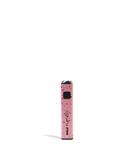Front view of the Wulf Flat Mini cartridge vaporizer battery in pink black splatter. Driven by a robust 400mAh battery cell, this device delivers reliable power output to sustain multi-day vaping sessions on the go.