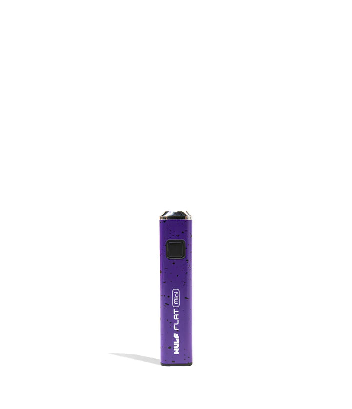 Front view of the Wulf Flat Mini cartridge vaporizer battery in purple splatter. The universal 510-threaded port provides seamless, highly conductive compatibility with standard pre-filled oil cartridges.