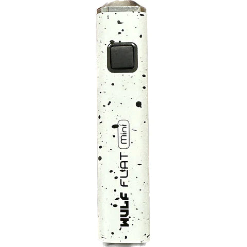 Front view of the Wulf Flat Mini cartridge vaporizer battery in white black splatter. Engineered for max portability, this lightweight setup fits comfortably into pockets for discrete, everyday carry.