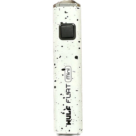 Front view of the Wulf Flat Mini cartridge vaporizer battery in white black splatter. Engineered for max portability, this lightweight setup fits comfortably into pockets for discrete, everyday carry.