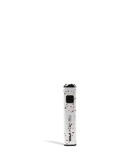 Front view of the Wulf Flat Mini cartridge vaporizer battery in white red splatter. The innovative flat-bottomed frame allows the compact vape battery to stand completely upright on desks for clean storage.