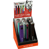Front view of the Wulf Flat Plus cartridge vaporizer battery 9pk point-of-sale counter display box in black with graphic branding. This wholesale retail display holds nine assorted splatter and full-color 510 batteries for easy countertop selection.