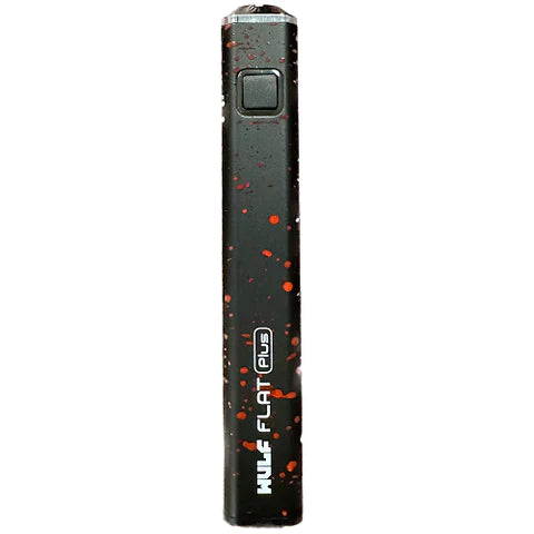 Front view of the Wulf Flat Plus cartridge vaporizer battery in black red spatter. The single-button control alternates quickly between three variable voltage settings ranging from 2.6V to 3.8V for customized vapor delivery.