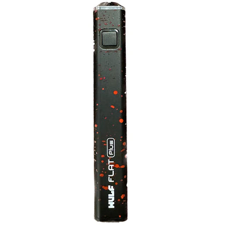 Front view of the Wulf Flat Plus cartridge vaporizer battery in black red spatter. The single-button control alternates quickly between three variable voltage settings ranging from 2.6V to 3.8V for customized vapor delivery.