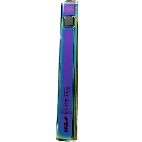 Front view of the Wulf Flat Plus cartridge vaporizer battery in rainbow iridescent full color. This premium edition variant features single-button activation paired with a rapid-charging USB-C input interface.