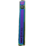 Front view of the Wulf Flat Plus cartridge vaporizer battery in rainbow iridescent full color. This premium edition variant features single-button activation paired with a rapid-charging USB-C input interface.