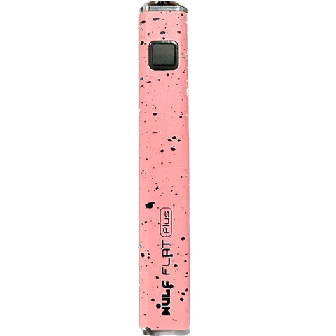 Front view of the Wulf Flat Plus cartridge vaporizer battery in pink black spatter. This variable voltage vaporizer features a built-in 15-second safety cut-off timer to protect your attached oil cartridges from overheating.