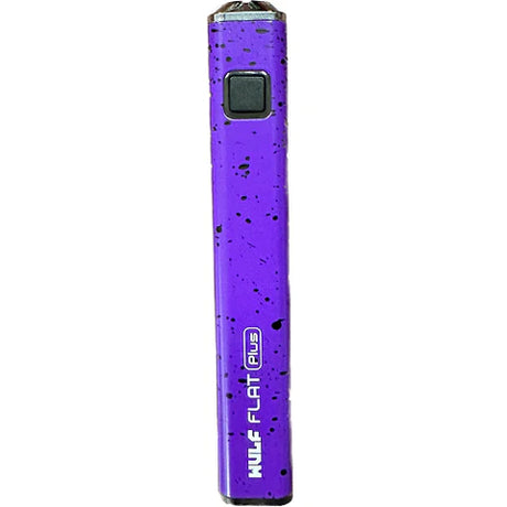 Front view of the Wulf Flat Plus cartridge vaporizer battery in purple black spatter. This universal vape mod provides clean, highly conductive 510-threaded cartridge compatibility with standard pre-filled oil tanks.
