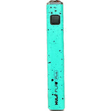 Front view of the Wulf Flat Plus cartridge vaporizer battery in teal black spatter. This sleek oil pen battery incorporates an intuitive 10-second preheat function to clear blockages and prime thicker oil concentrates.