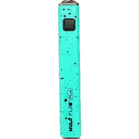 Front view of the Wulf Flat Plus cartridge vaporizer battery in teal black spatter. This sleek oil pen battery incorporates an intuitive 10-second preheat function to clear blockages and prime thicker oil concentrates.