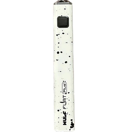 Front view of the Wulf Flat Plus cartridge vaporizer battery in white black spatter. This exceptionally lightweight layout slides easily into small pockets to offer a discrete option for mobile on-the-go sessions.