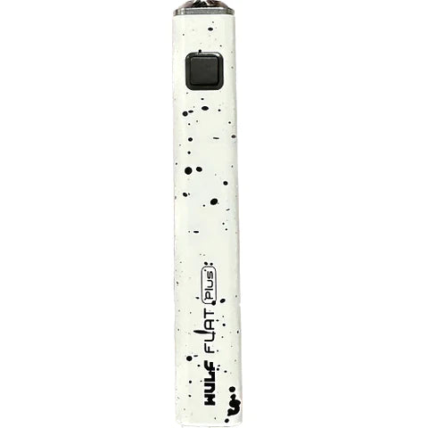 Front view of the Wulf Flat Plus cartridge vaporizer battery in white black spatter. This exceptionally lightweight layout slides easily into small pockets to offer a discrete option for mobile on-the-go sessions.