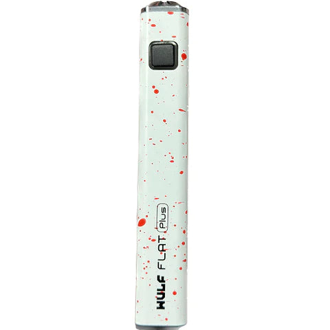 Front view of the Wulf Flat Plus cartridge vaporizer battery in white red spatter. The smart flat-bottomed framework allows the oil vape battery to stand perfectly upright on desks for tidy, vertical storage.