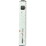 Front view of the Wulf Flat Plus cartridge vaporizer battery in white red spatter. The smart flat-bottomed framework allows the oil vape battery to stand perfectly upright on desks for tidy, vertical storage.