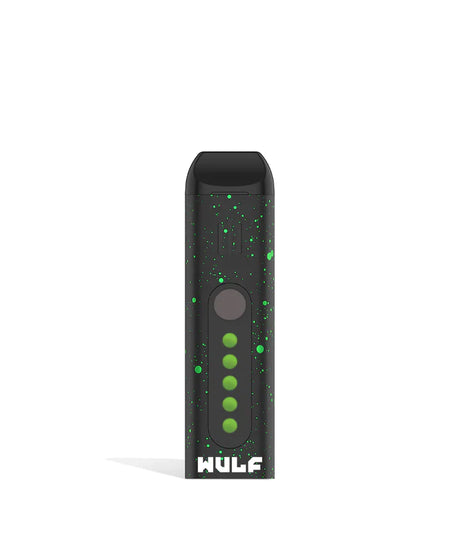 Front view of the Wulf Flora portable dry herb vaporizer limited edition in a striking black and green spatter finish. This sleek, travel-friendly flower vaporizer features an anodized aluminum chassis and precision temperature control for optimal flavor extraction.