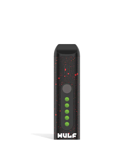Front view of the Wulf Flora portable dry herb vaporizer limited edition in a striking black and red spatter finish. This sleek, travel-friendly flower vaporizer features an anodized aluminum chassis and precision temperature control for optimal flavor extraction.