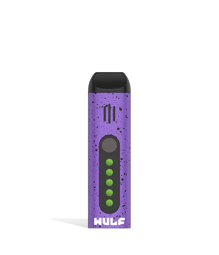 Front view of the Wulf Flora portable dry herb vaporizer limited edition in a striking purple and black spatter finish. This sleek, travel-friendly flower vaporizer features an anodized aluminum chassis and precision temperature control for optimal flavor extraction.