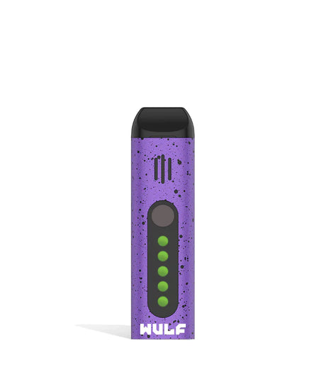 Front view of the Wulf Flora portable dry herb vaporizer limited edition in a striking purple and black spatter finish. This sleek, travel-friendly flower vaporizer features an anodized aluminum chassis and precision temperature control for optimal flavor extraction.