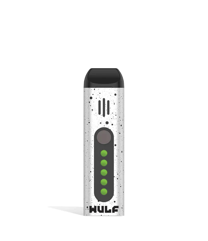 Front view of the Wulf Flora portable dry herb vaporizer limited edition in a striking white and black spatter finish. This sleek, travel-friendly flower vaporizer features an anodized aluminum chassis and precision temperature control for optimal flavor extraction.
