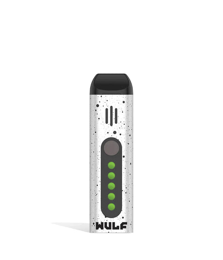 Front view of the Wulf Flora portable dry herb vaporizer limited edition in a striking white and black spatter finish. This sleek, travel-friendly flower vaporizer features an anodized aluminum chassis and precision temperature control for optimal flavor extraction.