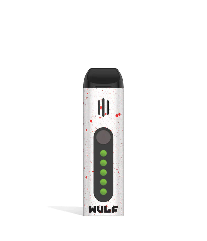 Front view of the Wulf Flora portable dry herb vaporizer limited edition in a striking white and red spatter finish. This sleek, travel-friendly flower vaporizer features an anodized aluminum chassis and precision temperature control for optimal flavor extraction.