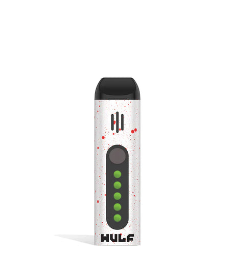 Front view of the Wulf Flora portable dry herb vaporizer limited edition in a striking white and red spatter finish. This sleek, travel-friendly flower vaporizer features an anodized aluminum chassis and precision temperature control for optimal flavor extraction.