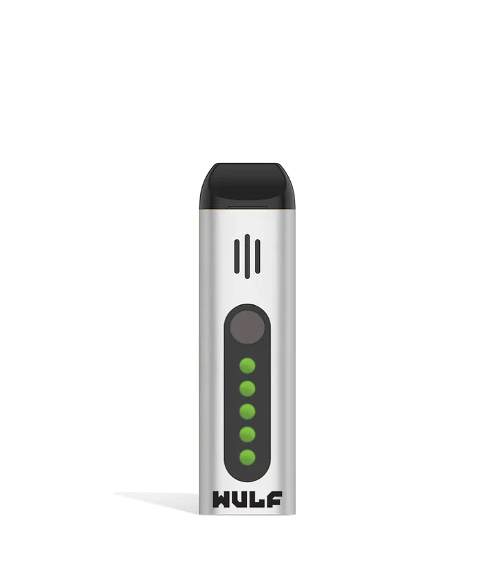 Front view of the Wulf Flora portable dry herb vaporizer in a white finish. This sleek, travel-friendly flower vaporizer features an anodized aluminum chassis and precision temperature control for optimal flavor extraction.