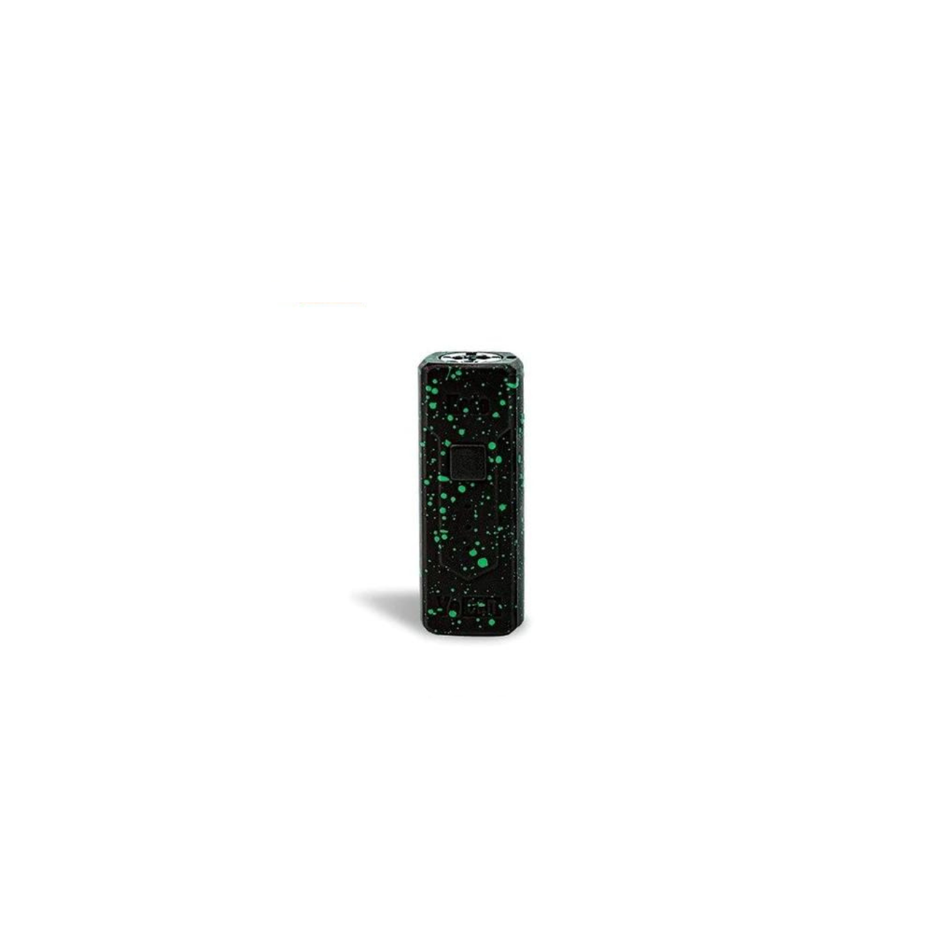 Front standing view of the Wulf Kodo 400mAh cartridge battery in a black and green splatter colorway. This ultra-compact 510-thread battery is designed for oil cartridges and features three voltage settings along with a 10-second preheat function.