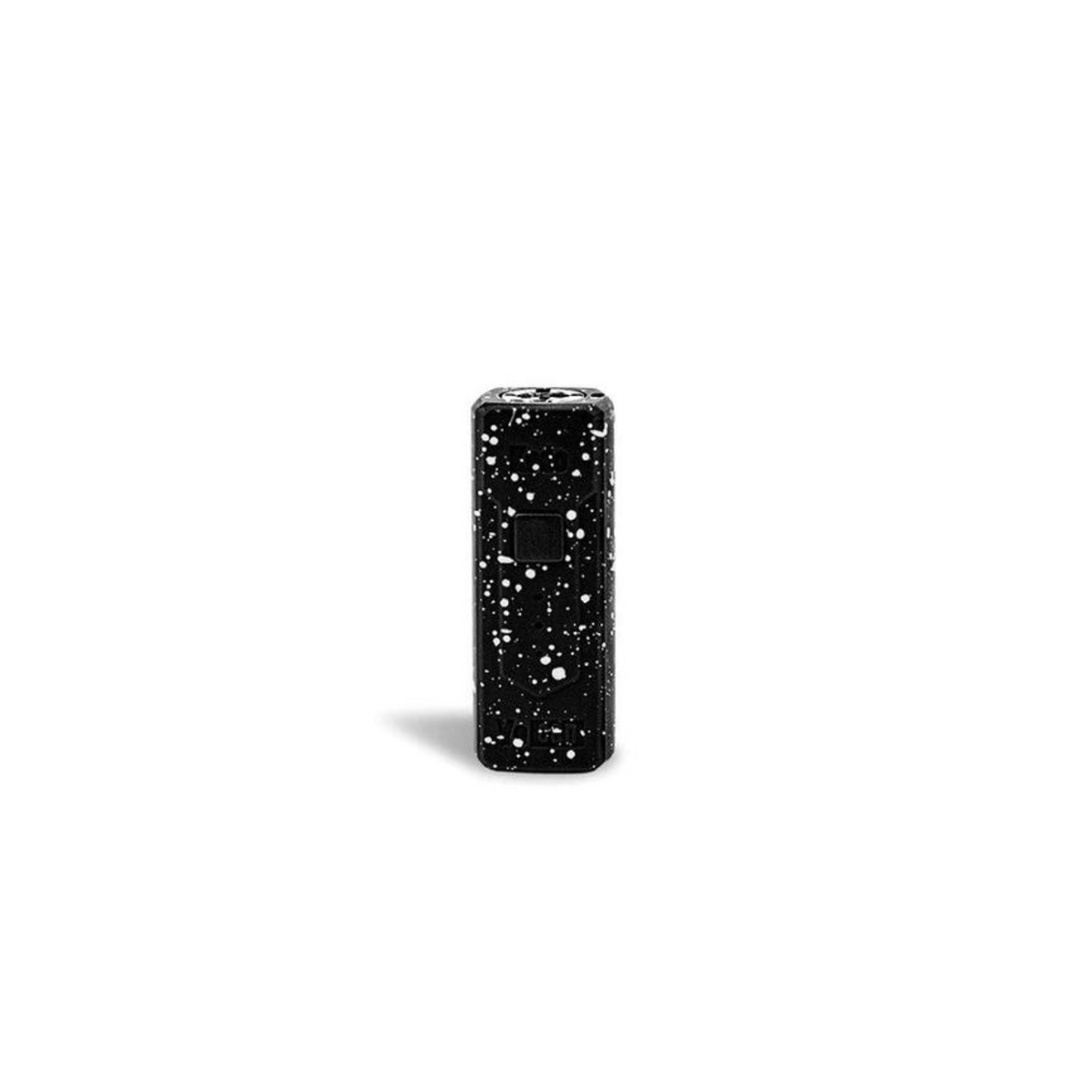 Front standing view of the Wulf Kodo 400mAh cartridge battery in a black and white splatter colorway. This ultra-compact 510-thread battery is designed for oil cartridges and features three voltage settings along with a 10-second preheat function.
