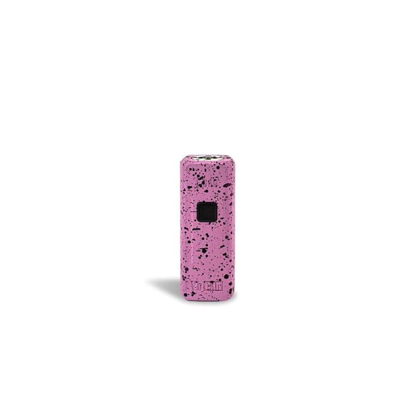 Front standing view of the Wulf Kodo 400mAh cartridge battery in a pink and black splatter colorway. This ultra-compact 510-thread battery is designed for oil cartridges and features three voltage settings along with a 10-second preheat function.