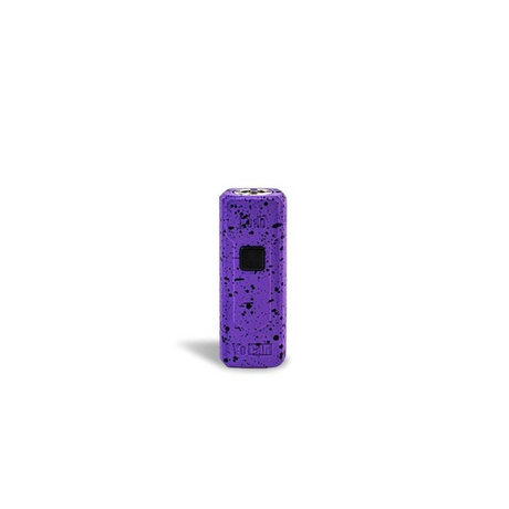Front standing view of the Wulf Kodo 400mAh cartridge battery in a purple and black splatter colorway. This ultra-compact 510-thread battery is designed for oil cartridges and features three voltage settings along with a 10-second preheat function.