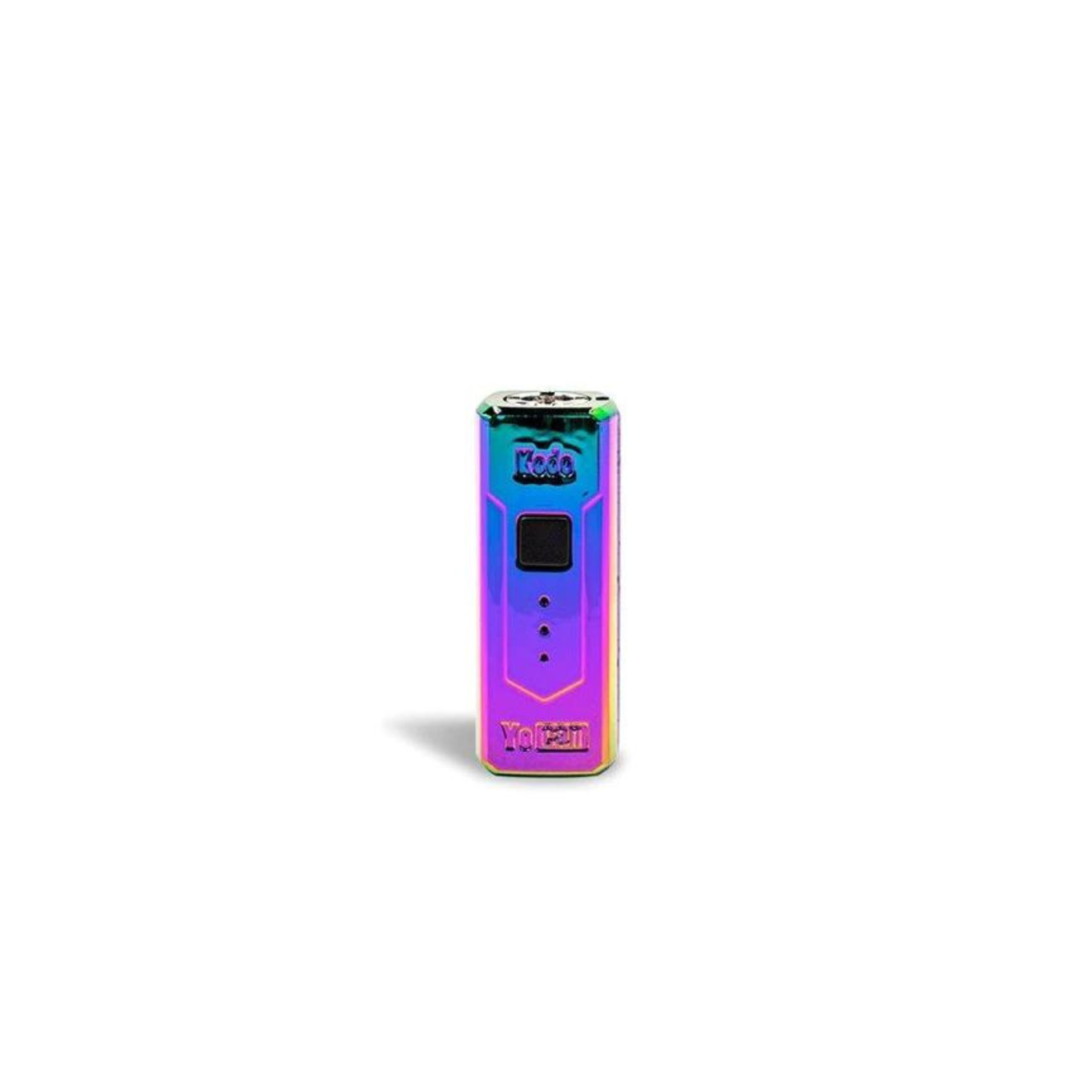 Front standing view of the Wulf Kodo 400mAh cartridge battery in a vibrant rainbow colorway. This ultra-compact 510-thread battery is designed for oil cartridges and features three voltage settings along with a 10-second preheat function.