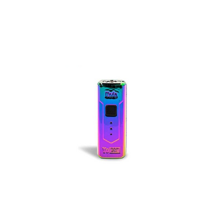 Front standing view of the Wulf Kodo 400mAh cartridge battery in a vibrant rainbow colorway. This ultra-compact 510-thread battery is designed for oil cartridges and features three voltage settings along with a 10-second preheat function.