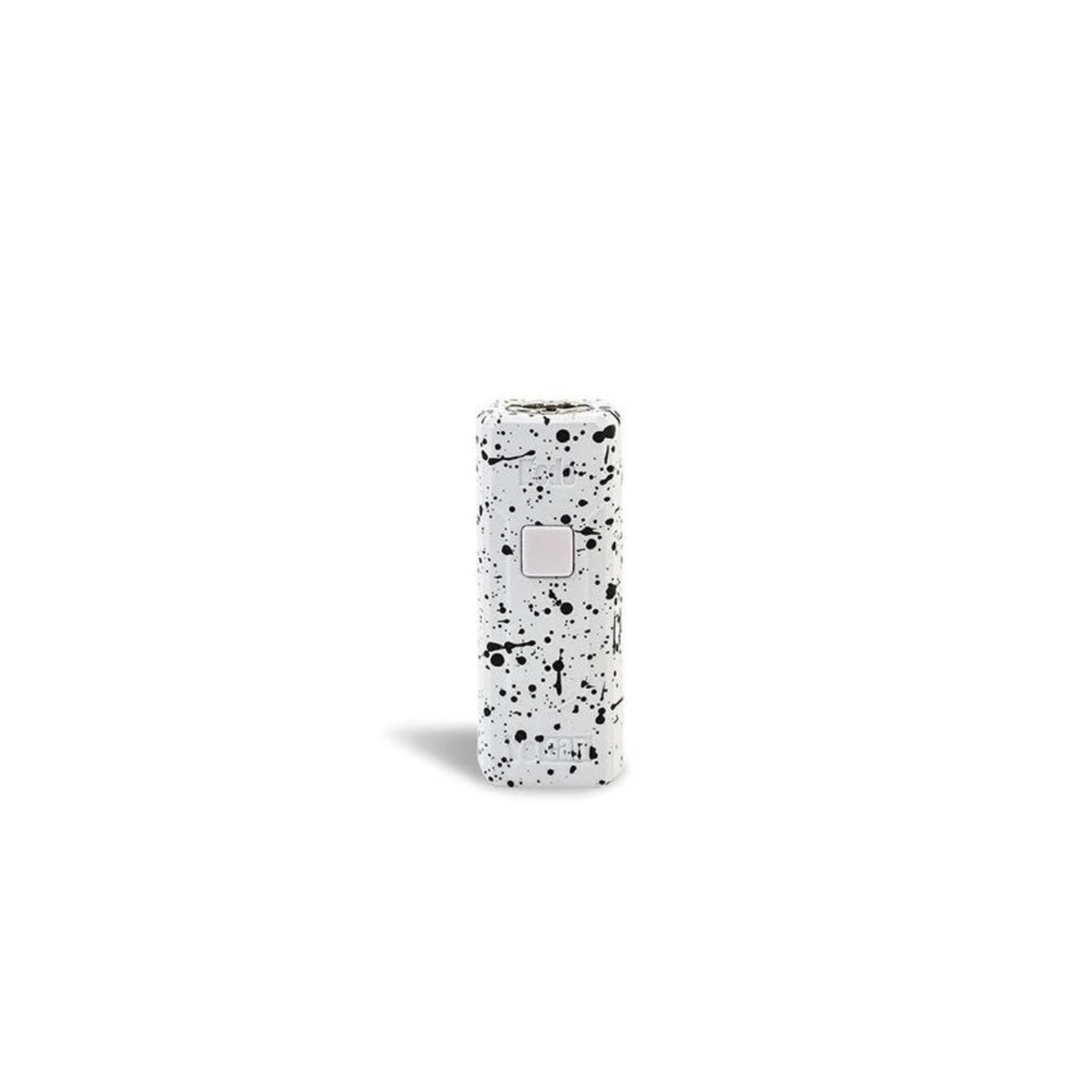 Front standing view of the Wulf Kodo 400mAh cartridge battery in a white and black splatter colorway. This ultra-compact 510-thread battery is designed for oil cartridges and features three voltage settings along with a 10-second preheat function.