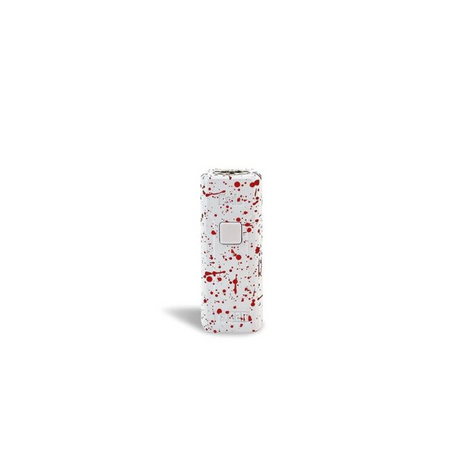 Front standing view of the Wulf Kodo 400mAh cartridge battery in a white and red splatter colorway. This ultra-compact 510-thread battery is designed for oil cartridges and features three voltage settings along with a 10-second preheat function.