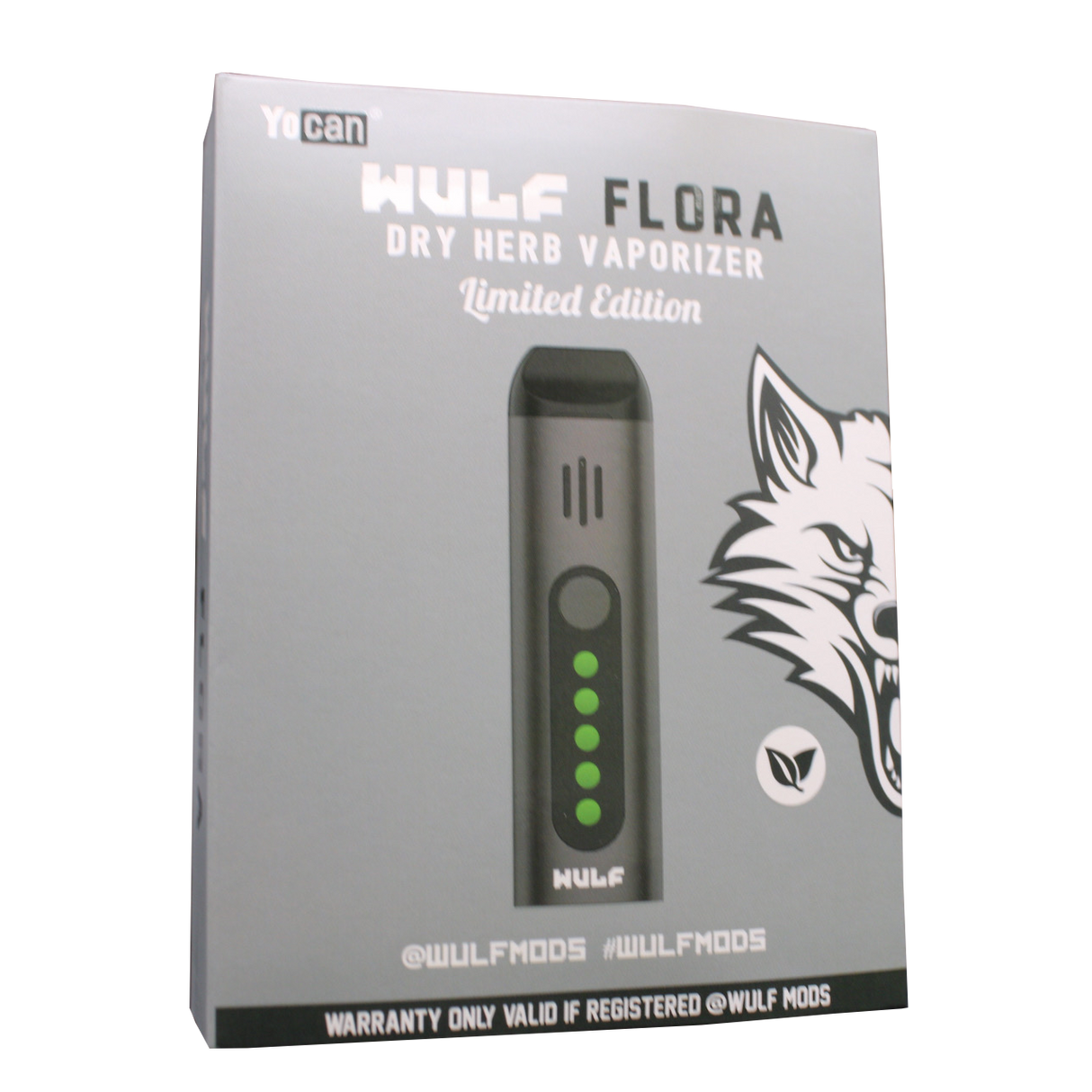 Angled view of the Wulf Mods Flora vaporizer in solid black. This portable dry herb vaporizer features an anodized aluminum chassis and rapid heating for on-the-go sessions.