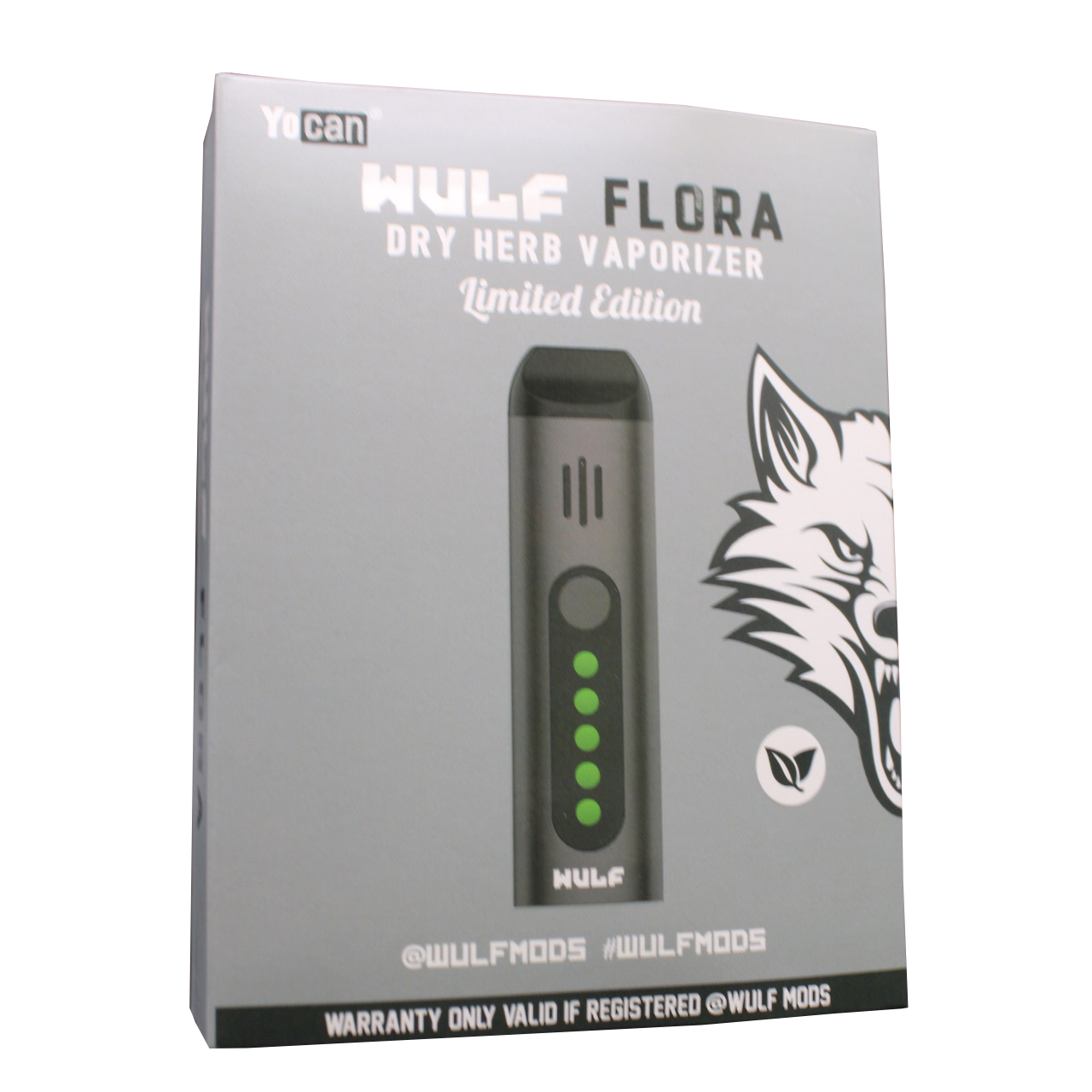 Angled view of the Wulf Mods Flora vaporizer in solid black. This portable dry herb vaporizer features an anodized aluminum chassis and rapid heating for on-the-go sessions.