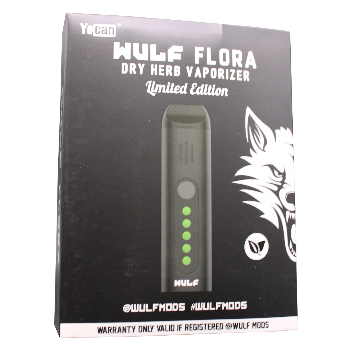 Front view of the Wulf Mods Flora vaporizer in black. The device includes an intuitive OLED display and temperature control buttons for precise botanical heating.