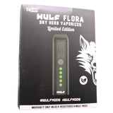 Front view of the Wulf Mods Flora vaporizer in black. The device includes an intuitive OLED display and temperature control buttons for precise botanical heating.