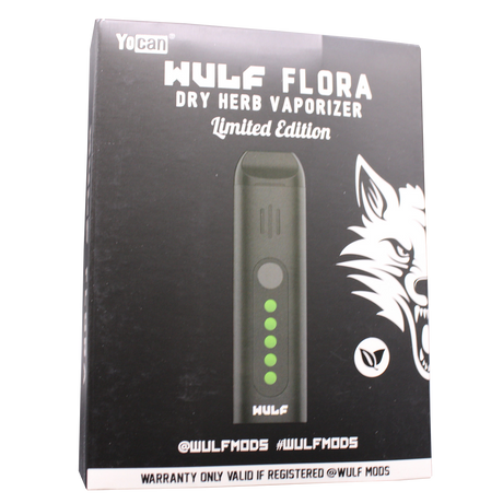 Front view of the Wulf Mods Flora vaporizer in black. The device includes an intuitive OLED display and temperature control buttons for precise botanical heating.