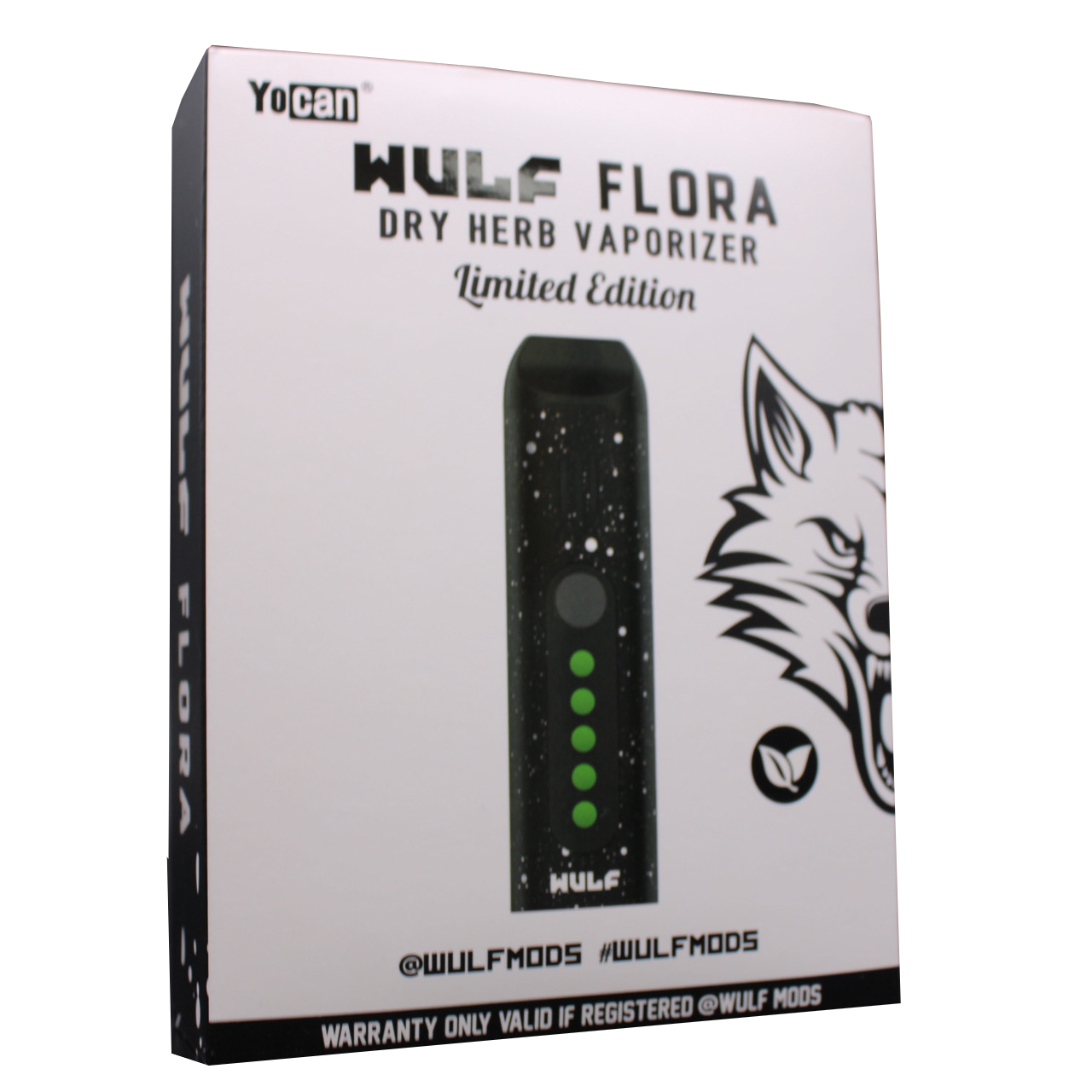 Front view of the Wulf Mods Flora vaporizer in black and white splatter. The device includes an intuitive OLED display and temperature control buttons for precise botanical heating.