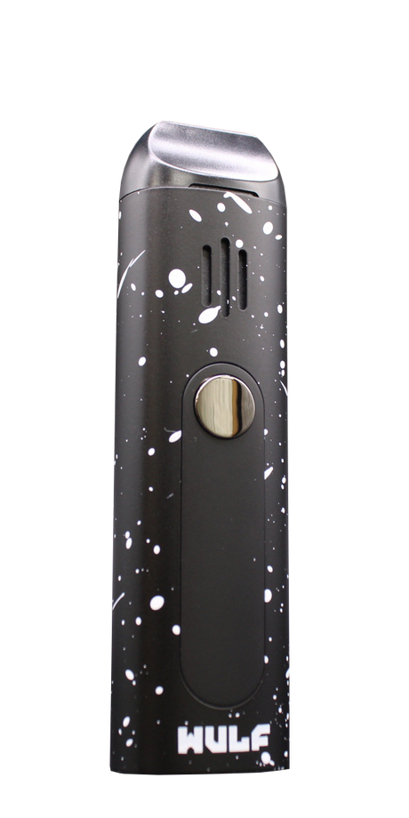 Angled view of the Wulf Mods Flora vaporizer in black and white splatter. This portable dry herb vaporizer features an anodized aluminum chassis and rapid heating for on-the-go 